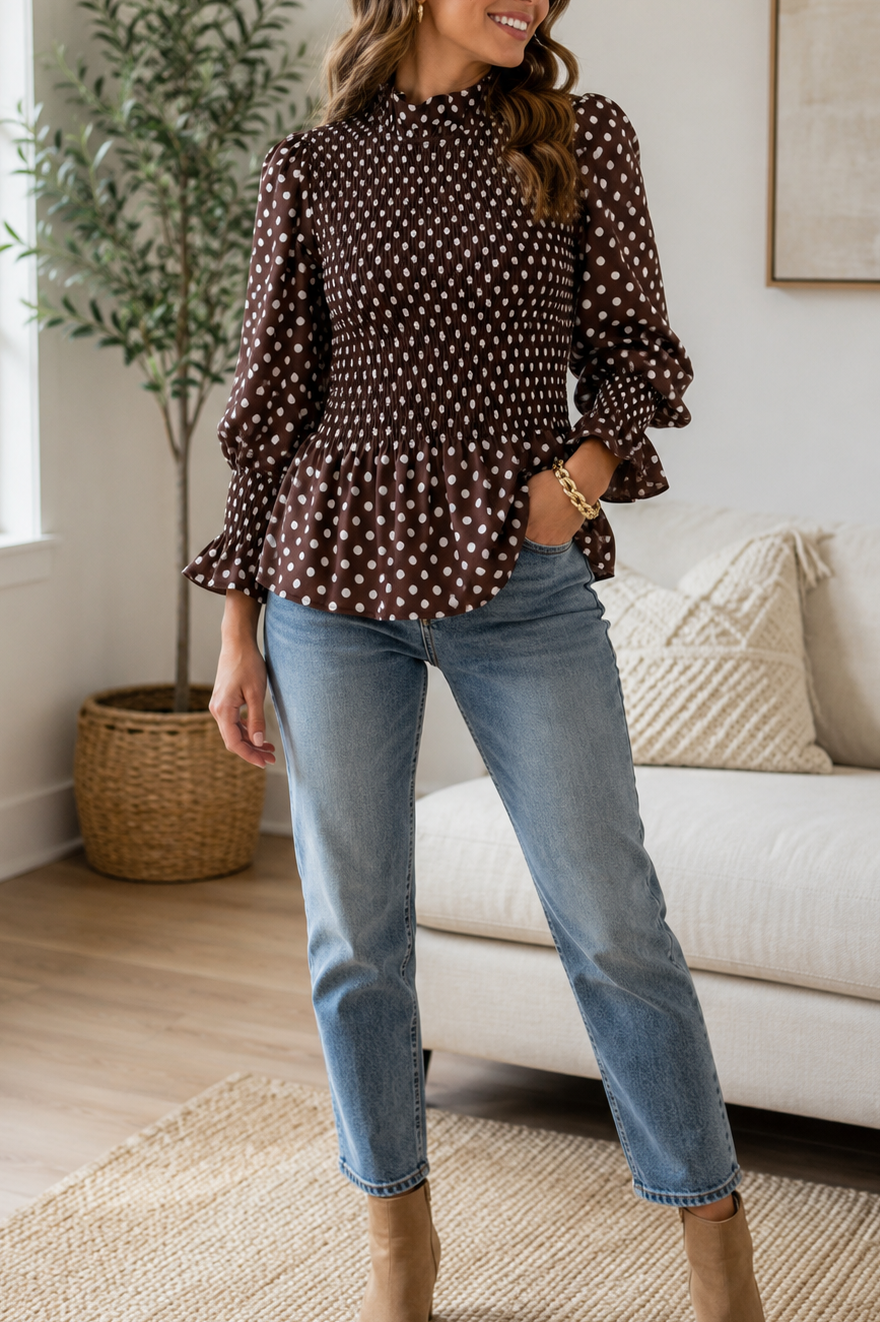 Brown Polka Dot Ruffled Blouse