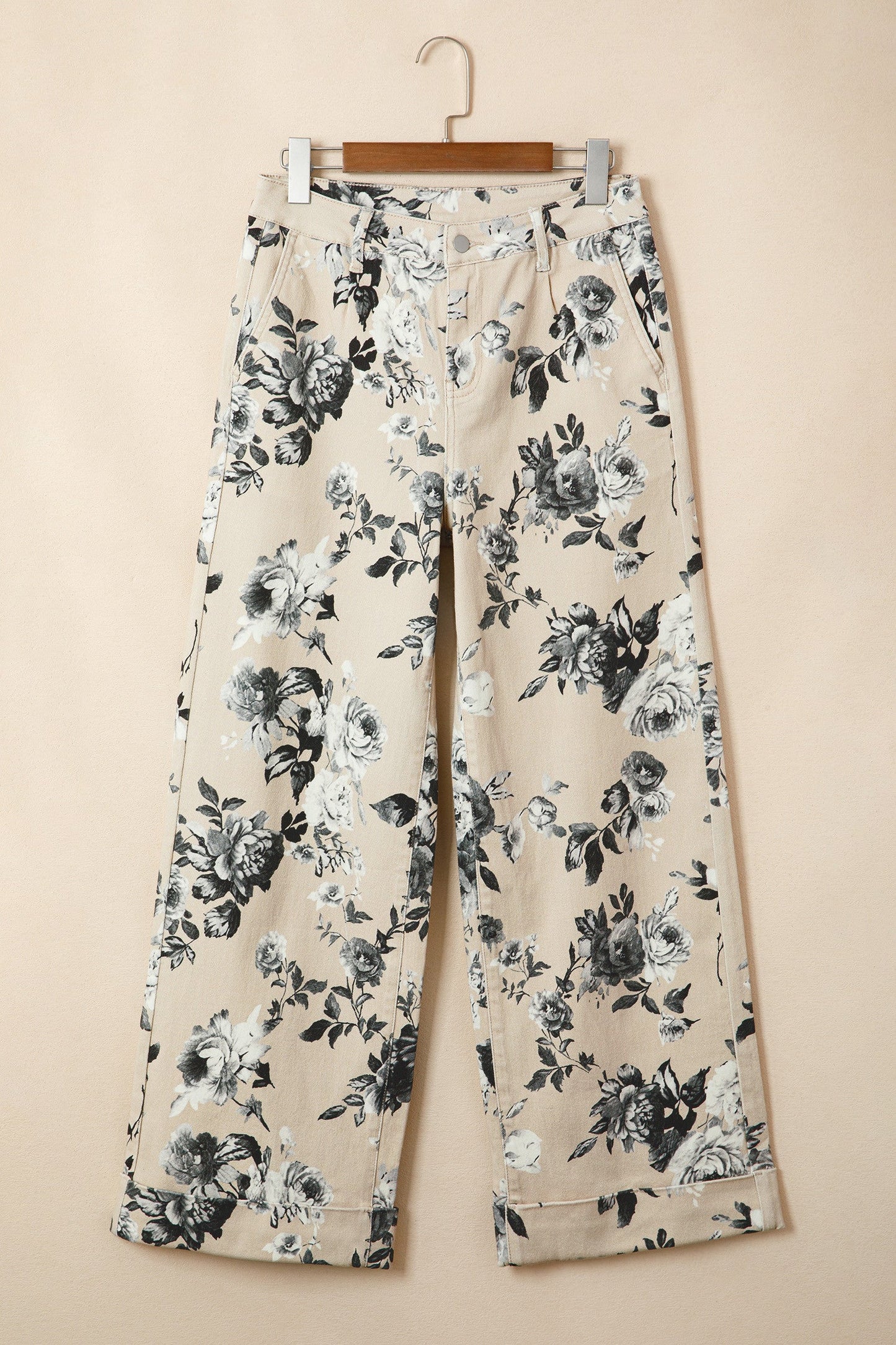 Beige Retro Loose Cuffed Jeans