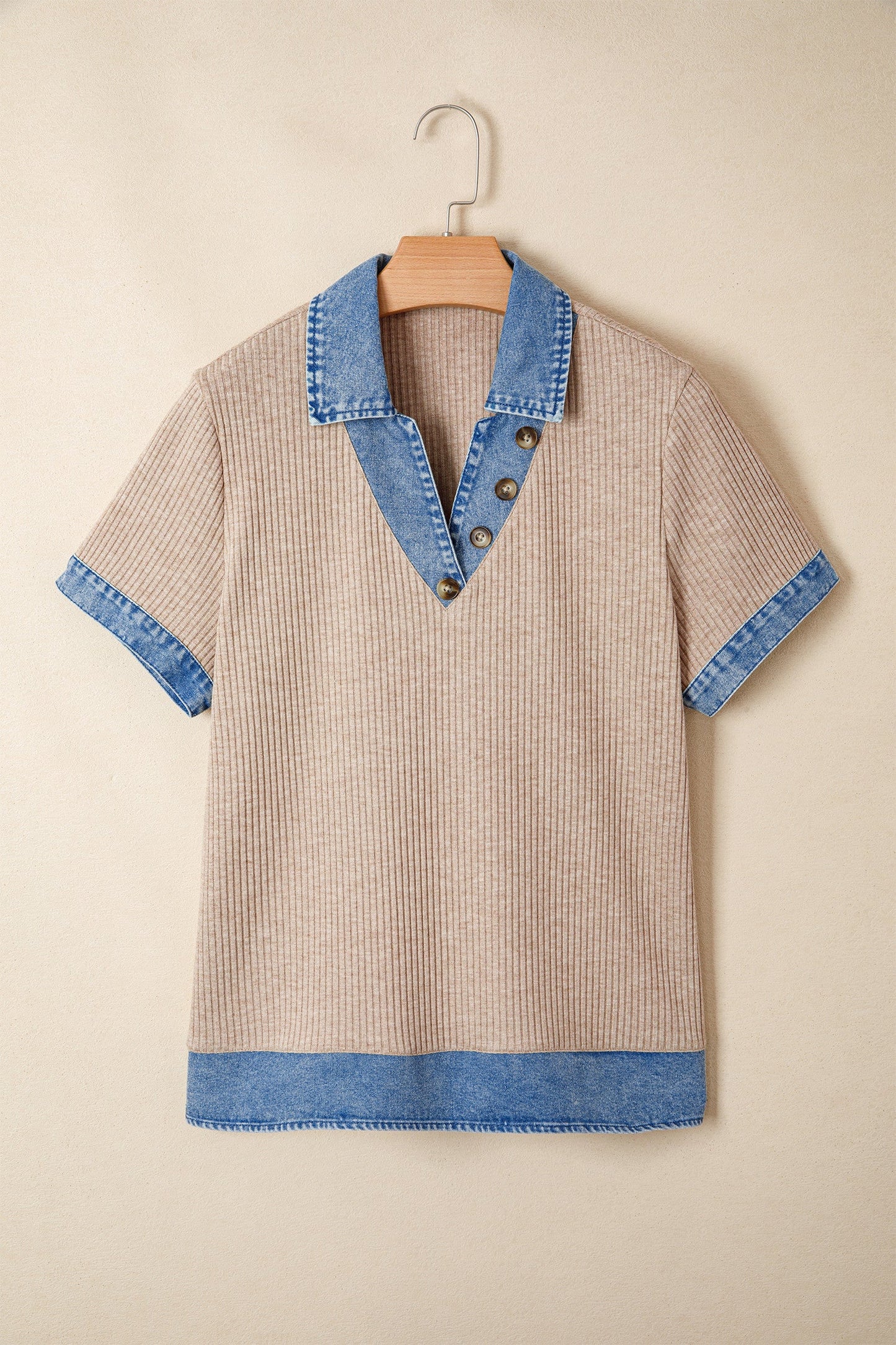 Beige Ribbed Denim Collar Blouse RTS