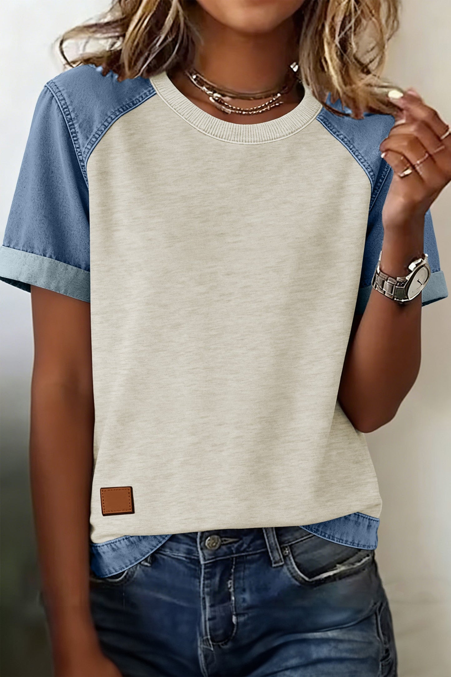 Beige Denim Sleeve Top