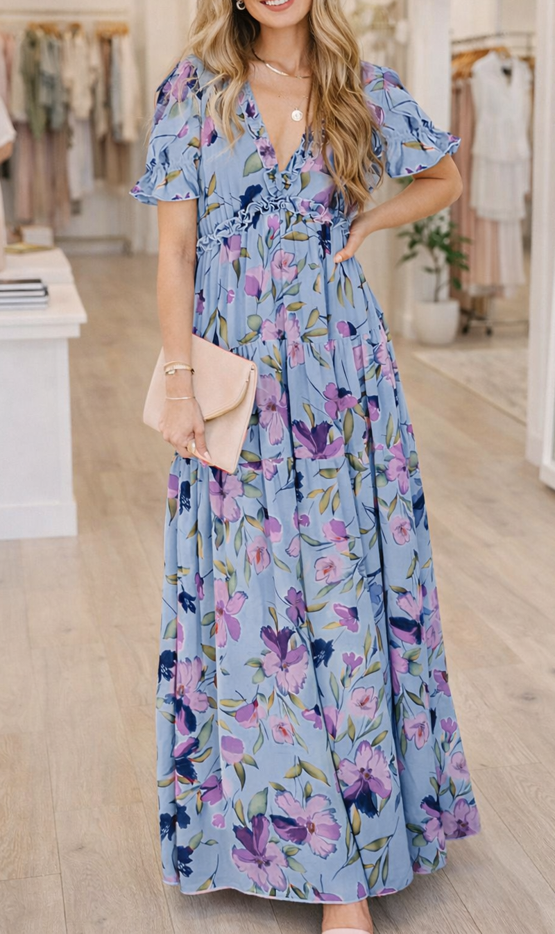 Blue Floral Frilled Maxi Dress RTS