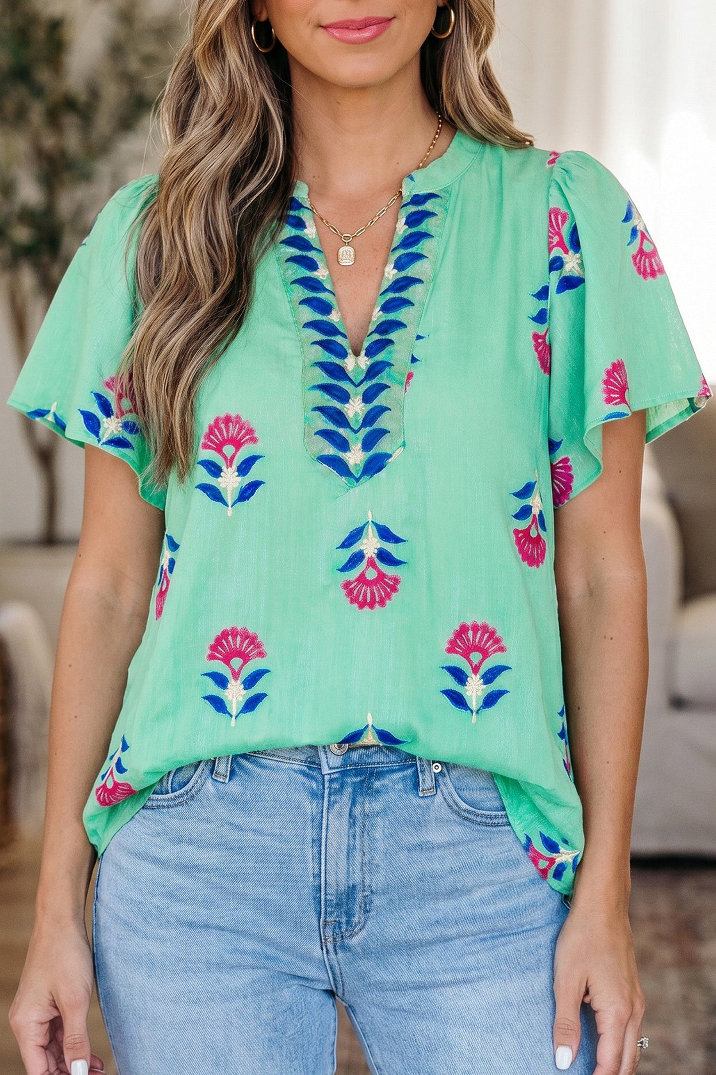Green Floral Flutter Blouse