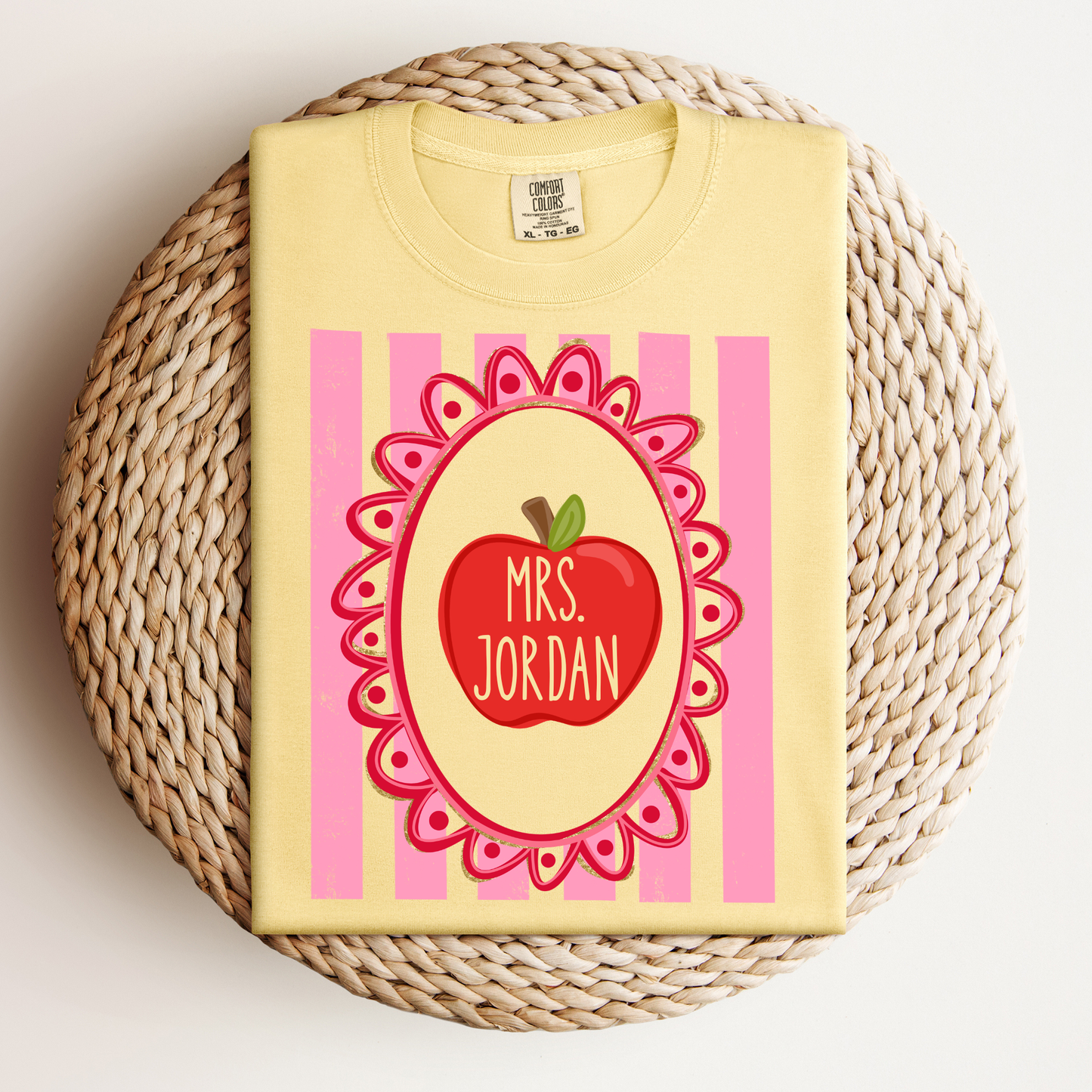 Pink Stripe Red Apple Teacher Custom Tee.