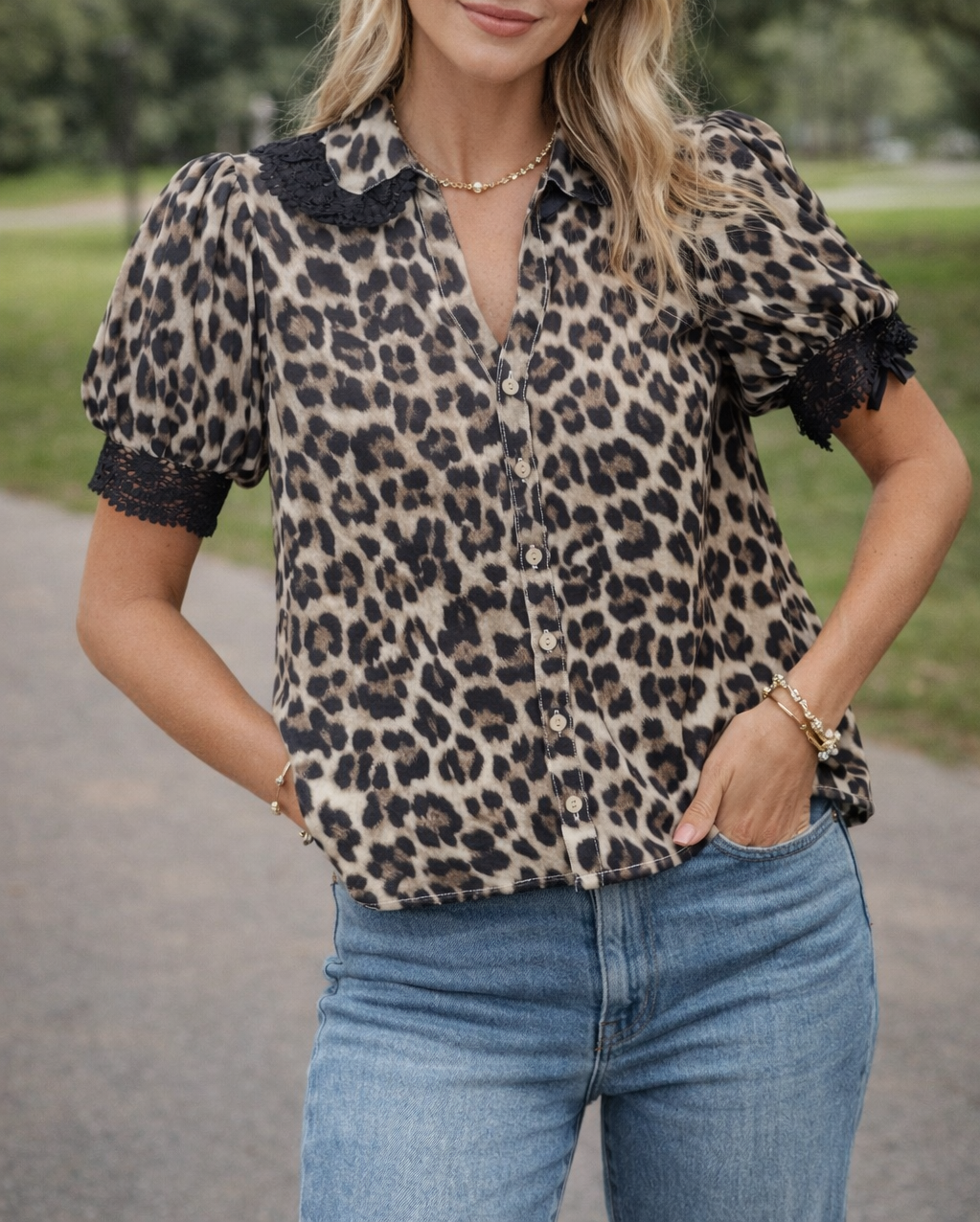 Leopard Lace Trim Shirt RTS