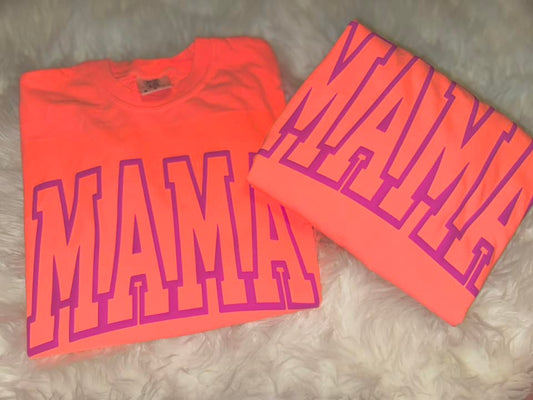 Mama PUFF PRINT Neon Red Orange/Pink Comfort Colors