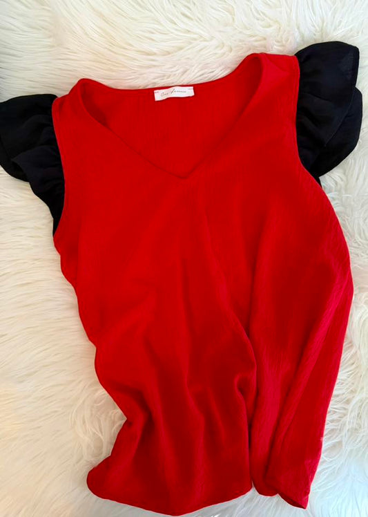 Red / Black Flutter Sleeve Top