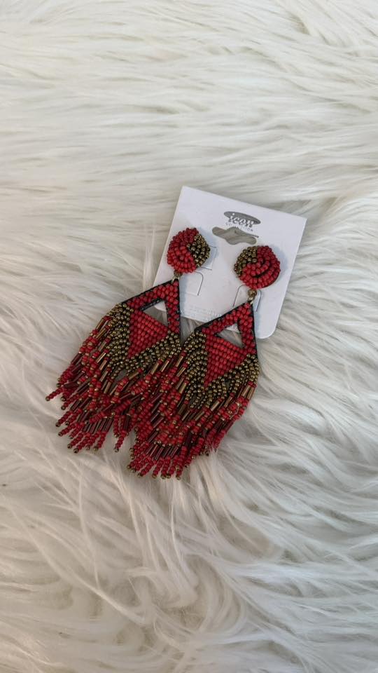 Red Beaded Fringe Earrings