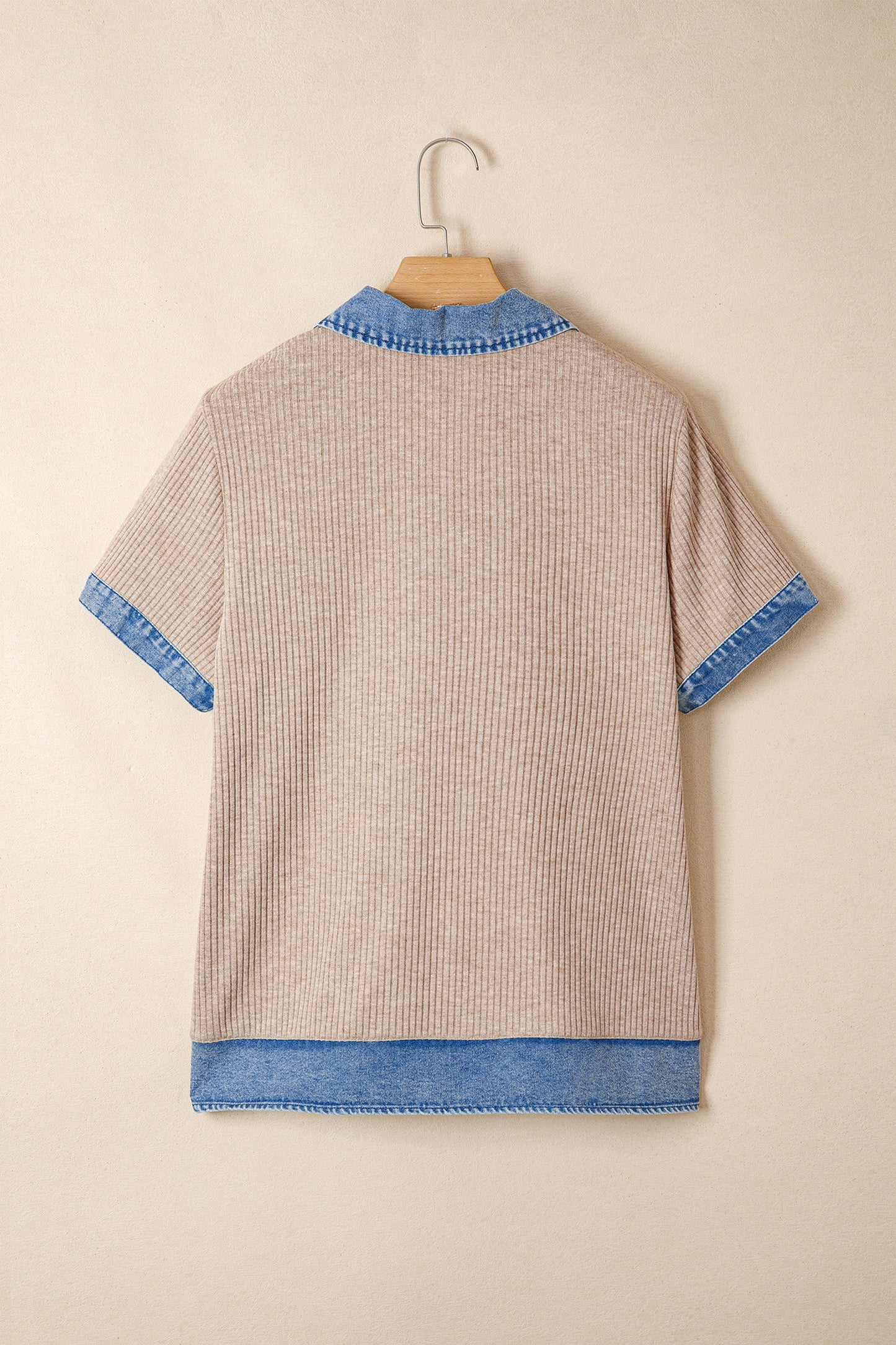Beige Ribbed Denim Collar Blouse