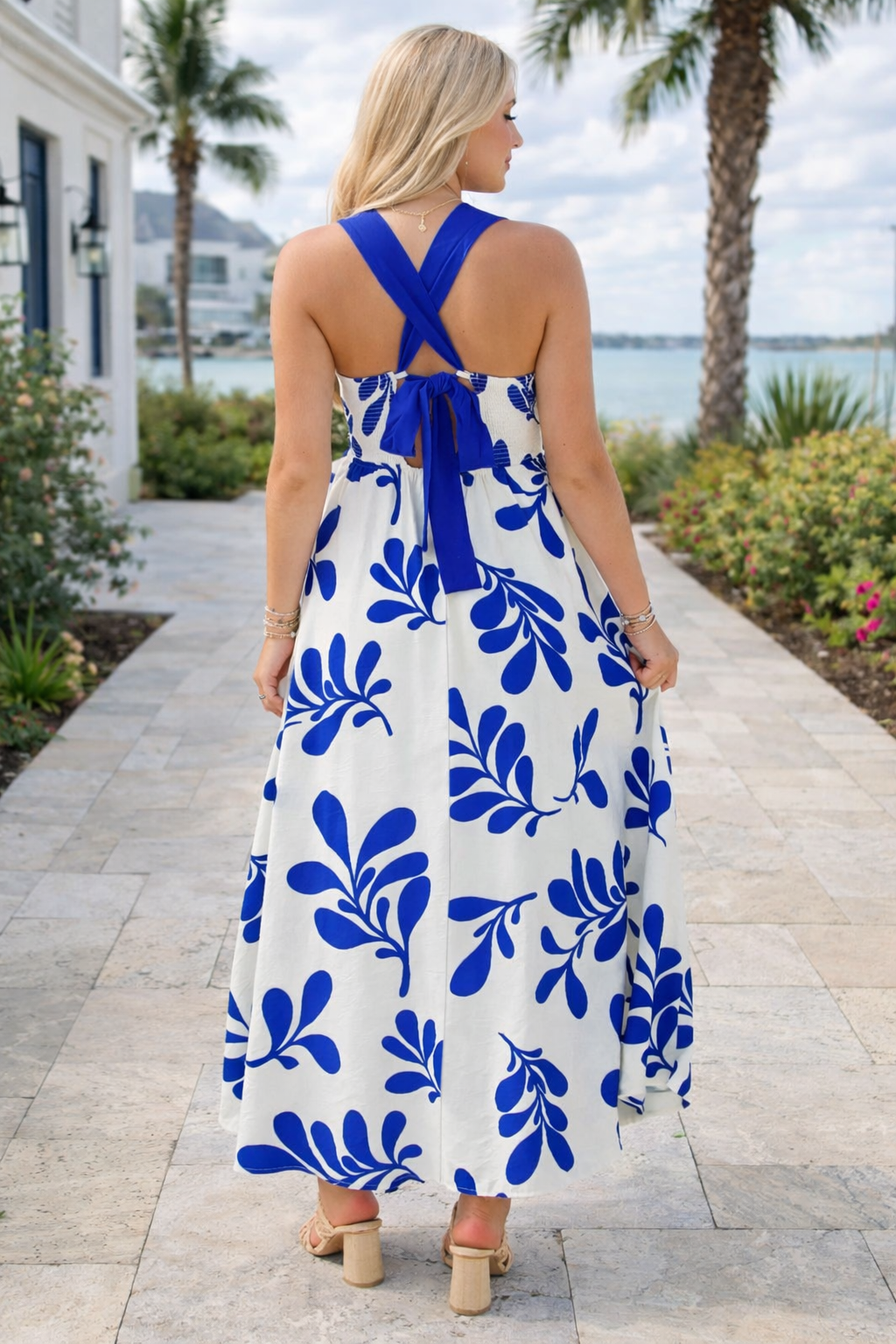 Blue Floral Tie Back Dress LT