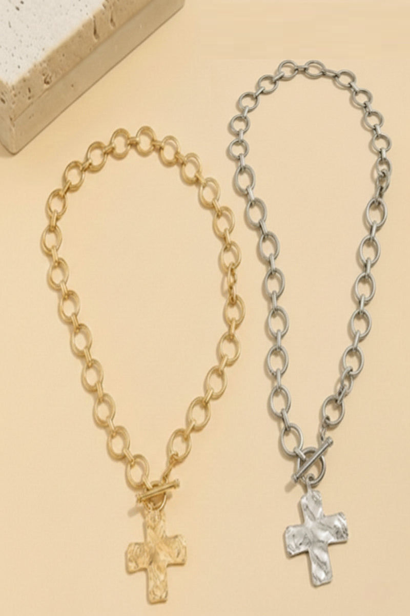 Hammered Cross Toggle Necklace Zenana New RTS