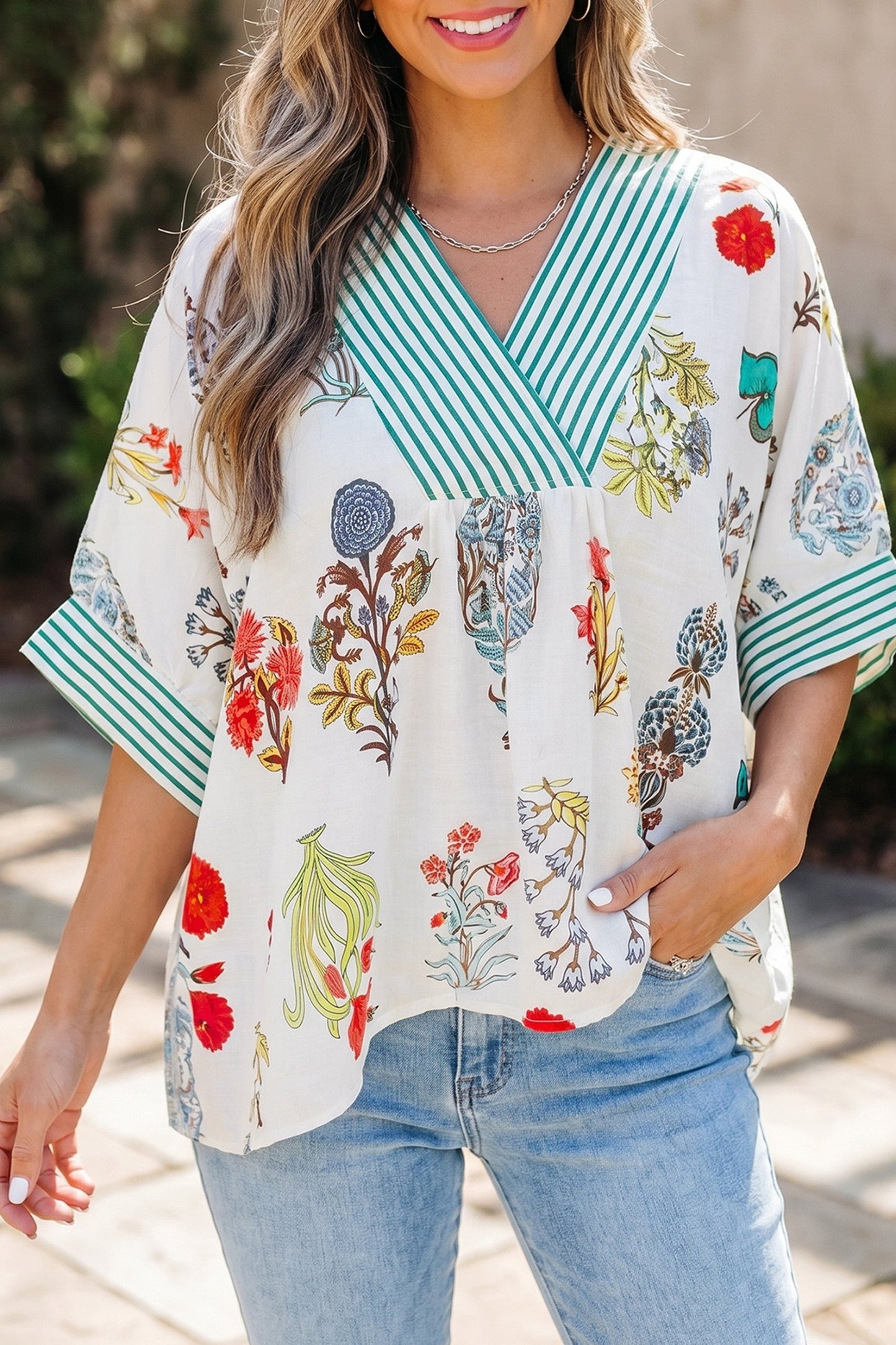 Beige Floral V Neck Blouse