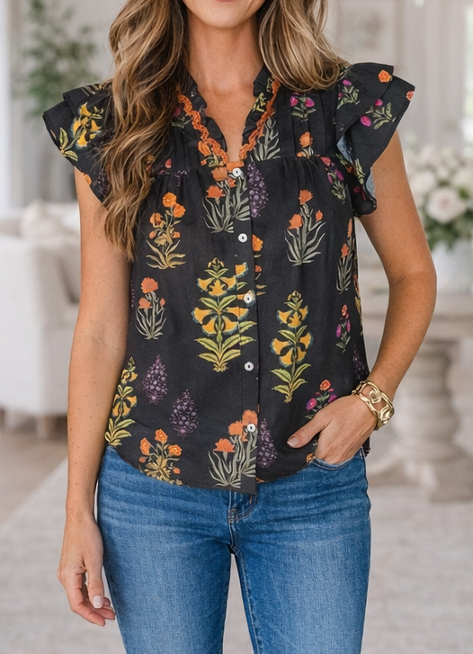 Black Floral Lace Trim Blouse LT