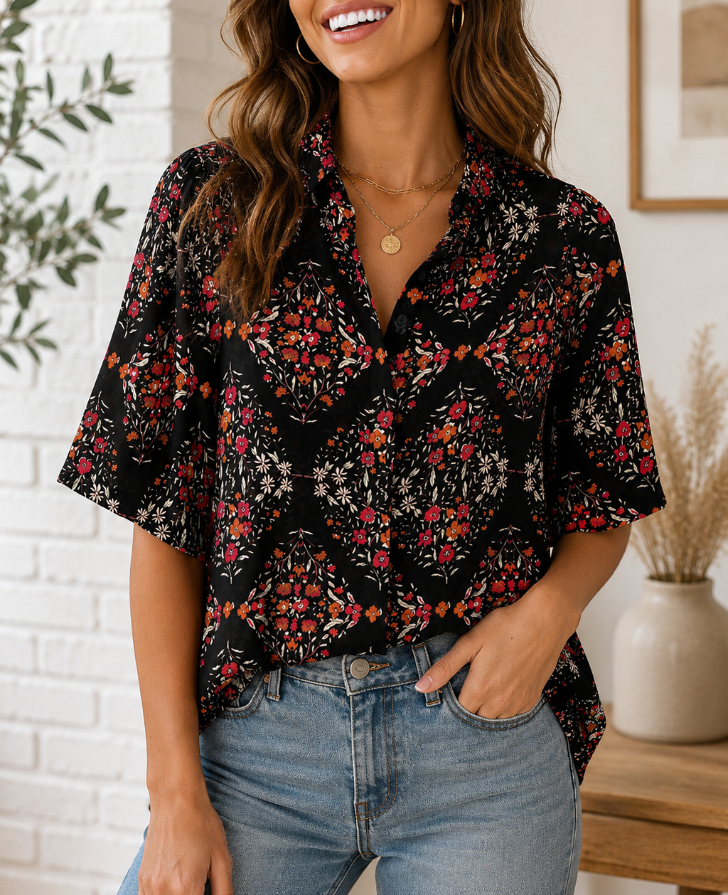 Black Floral Loose Shirt