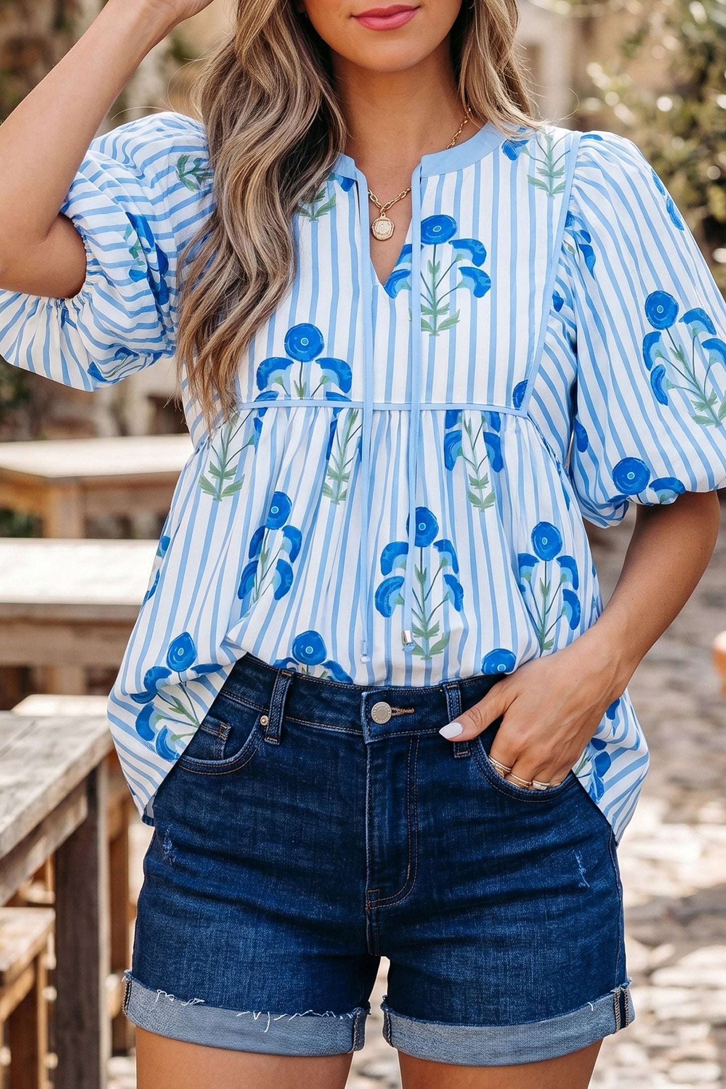 Blue Floral Tie Blouse