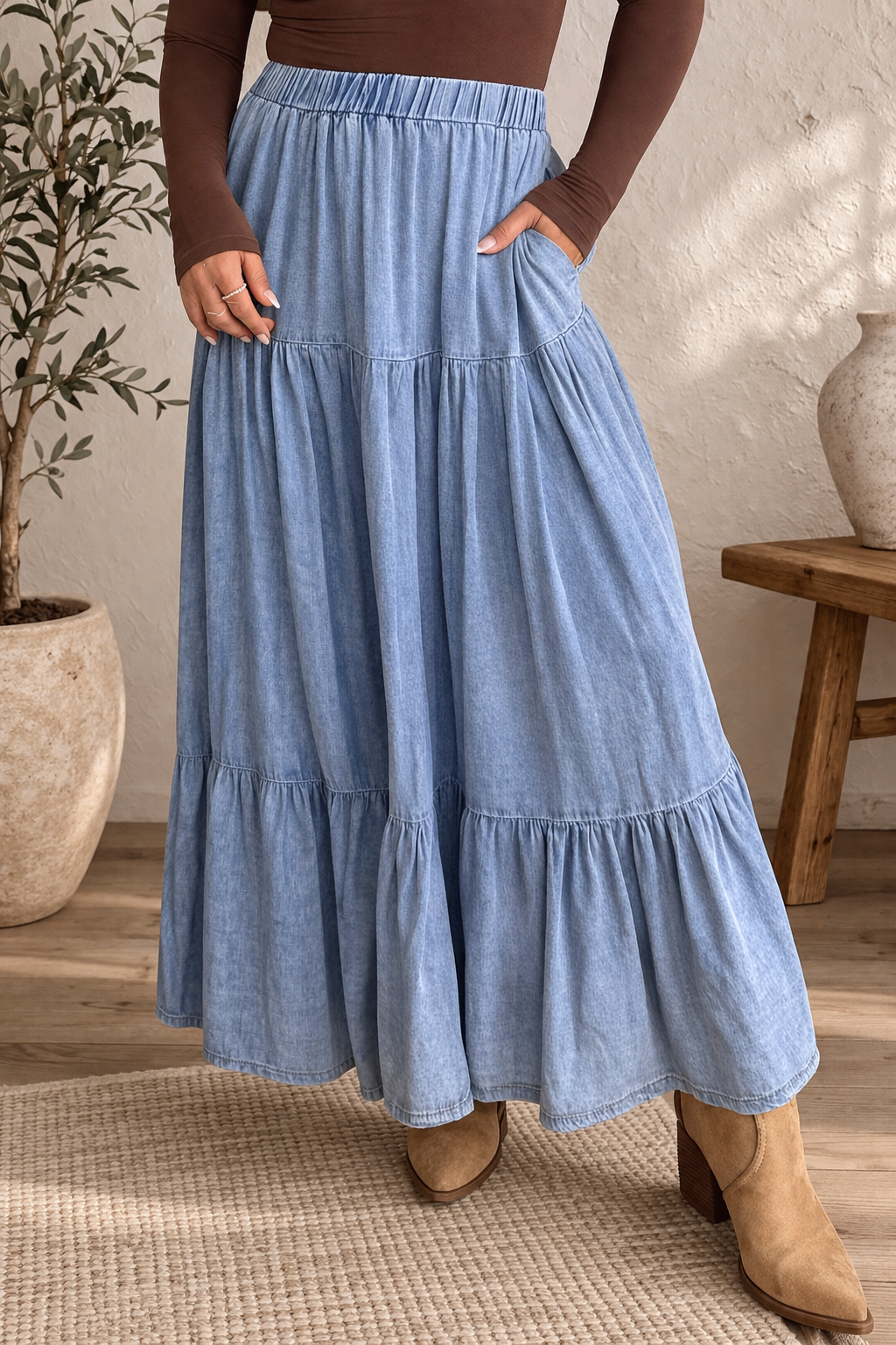 Blue Elastic Ruffled Tiered Skirt