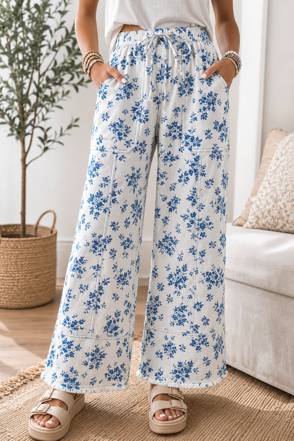 Blue Floral Straight Leg Jeans