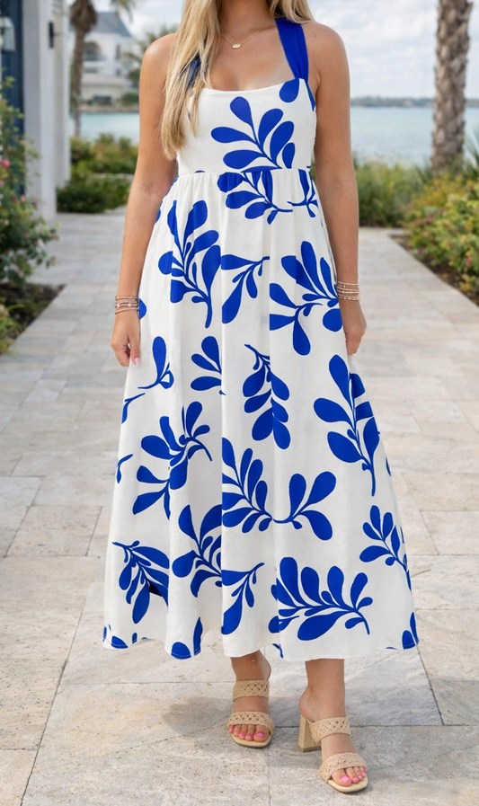 Blue Floral Tie Back Dress LT