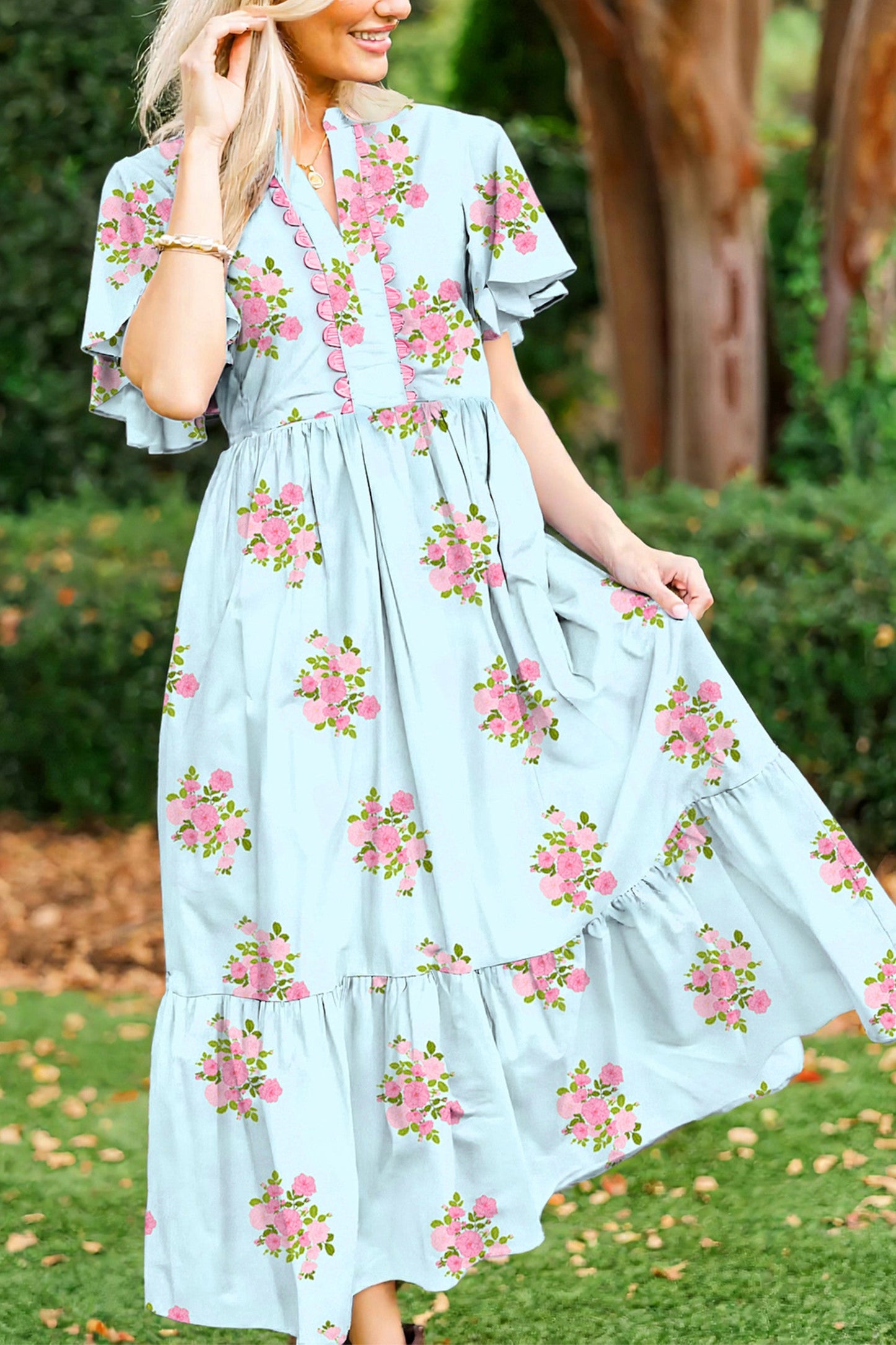 Blue Notched Floral Maxi Dress RTS