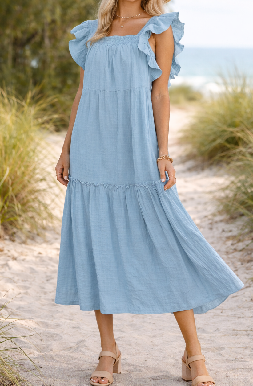Blue Ruffled Tiered Maxi March.