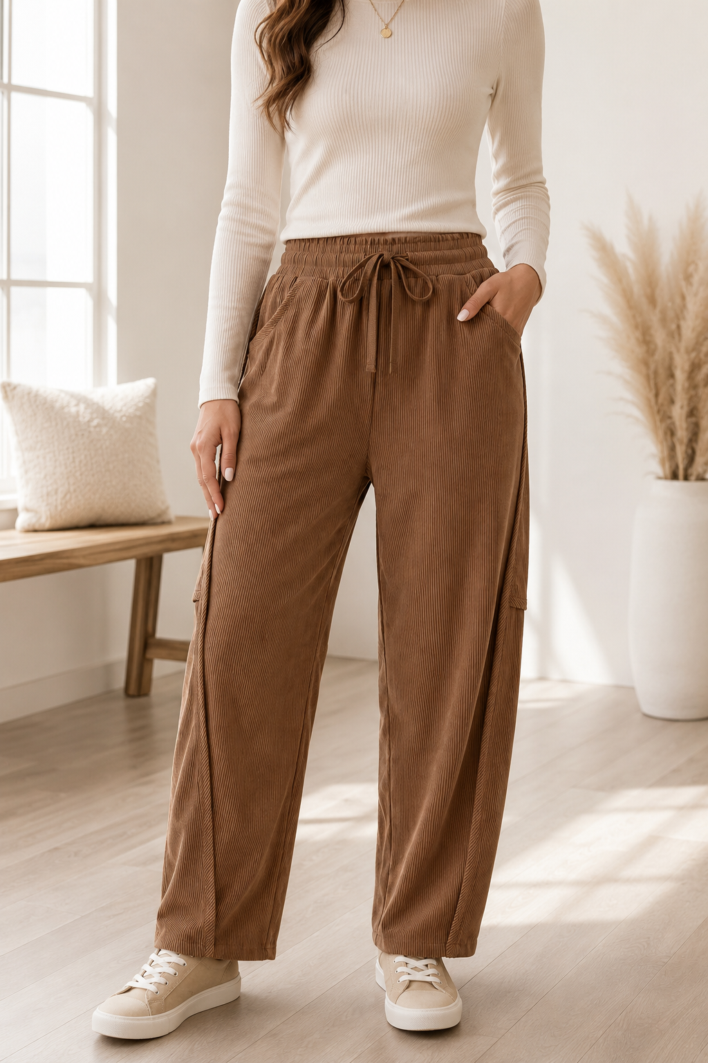 Coffee Elastic Cargo Pants