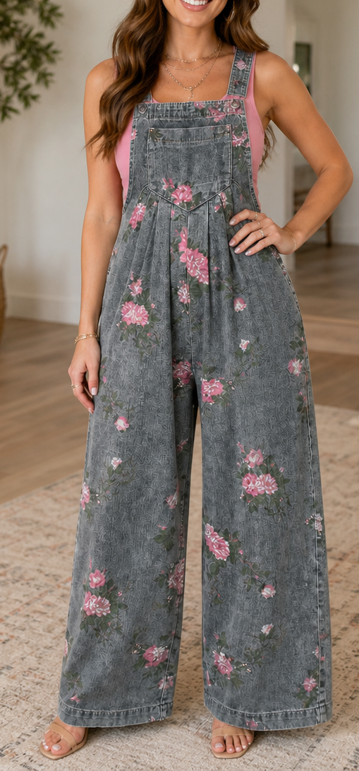 Gray Floral Denim Jumpsuit RTS