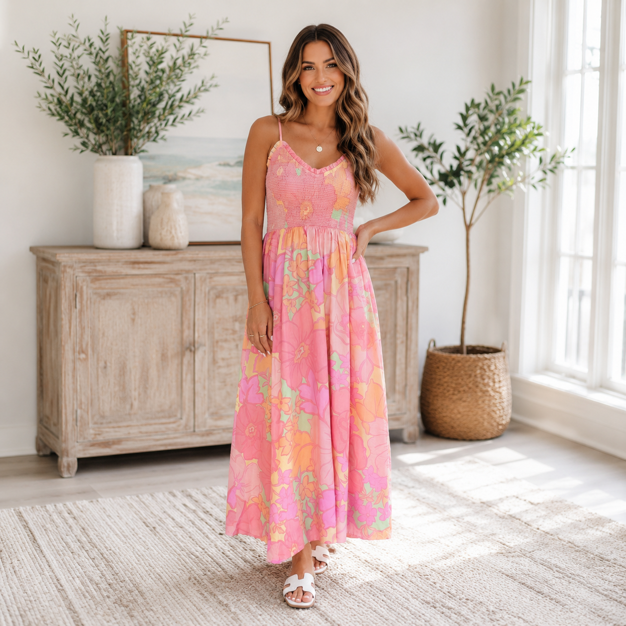 Pink Floral Shirred Dress