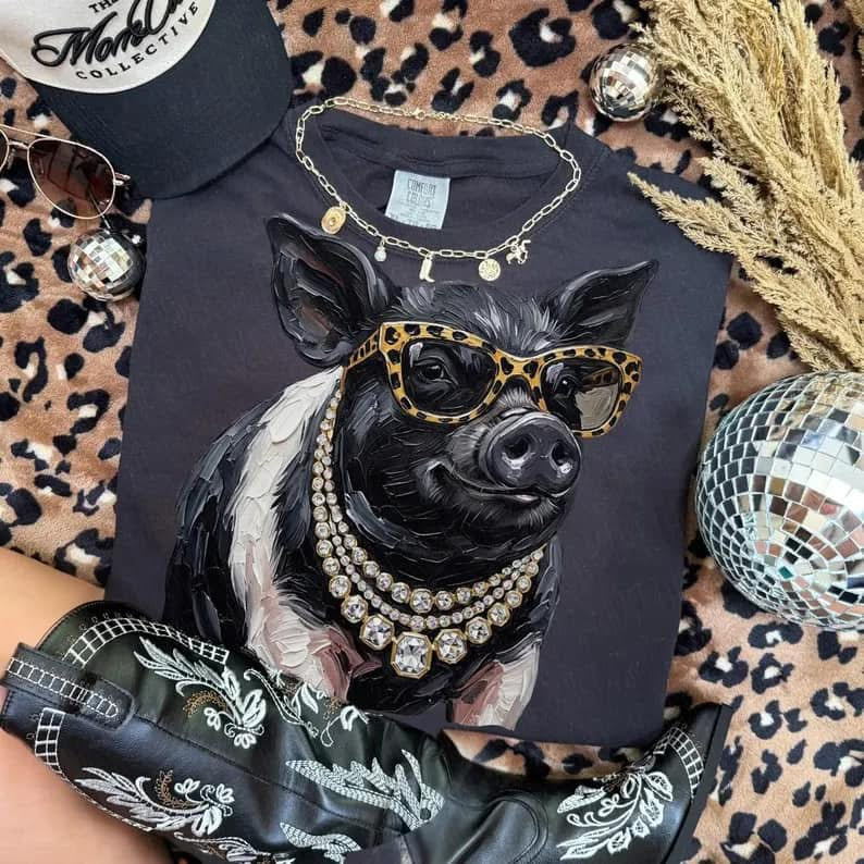 Rhinestone Necklace Pig Tee.