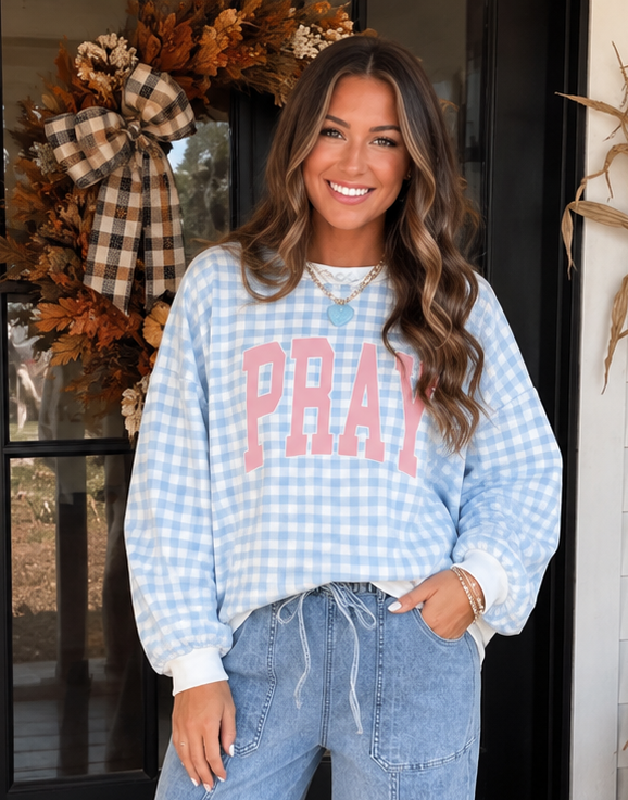 Blue Plaid Pray Sweatshirt