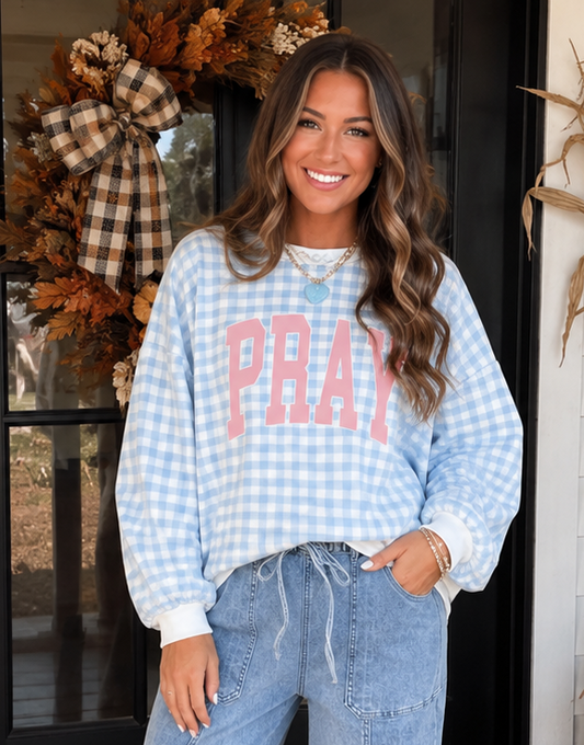Blue Plaid Pray Sweatshirt