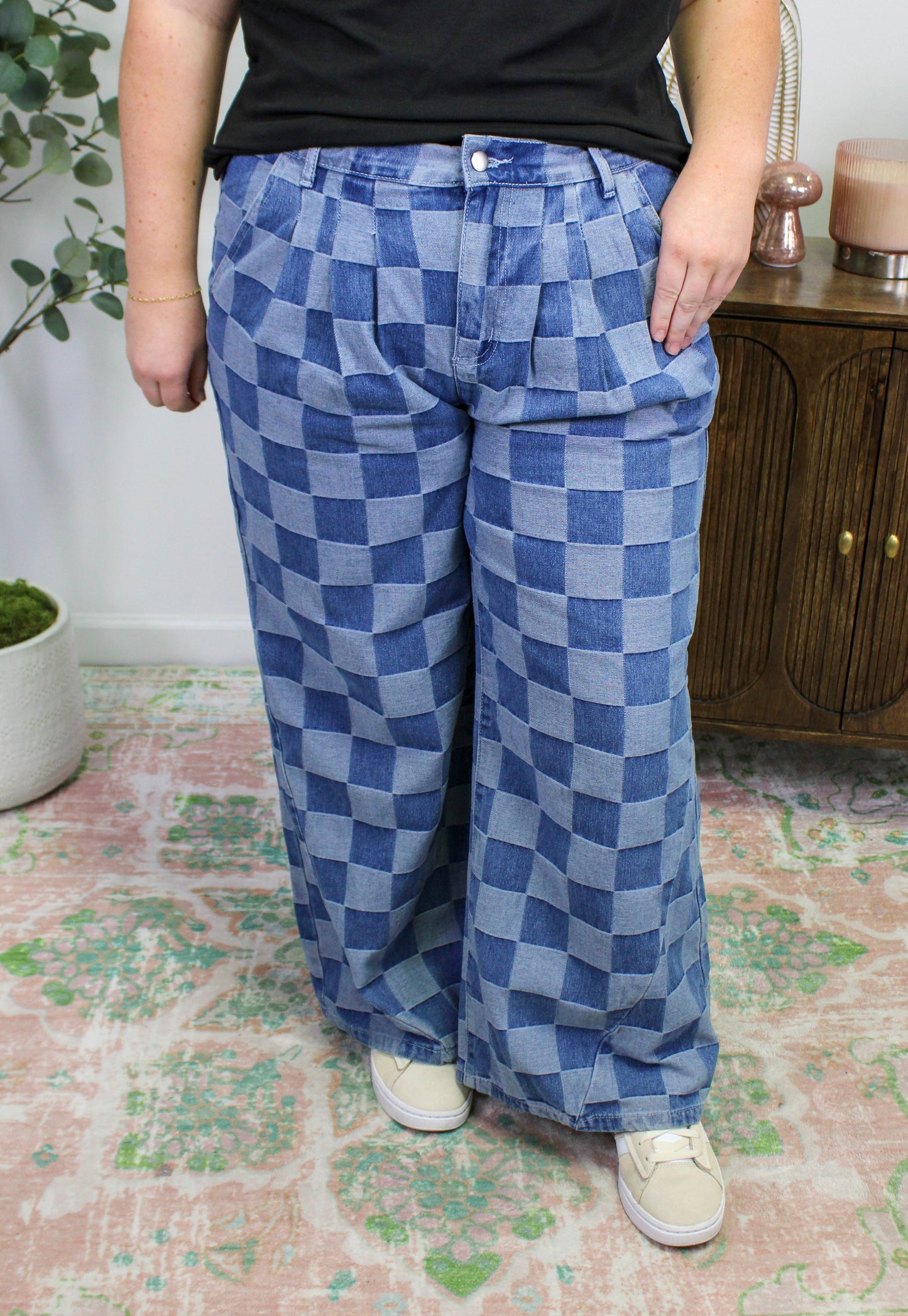 Blue Checkered Denim Pants LT