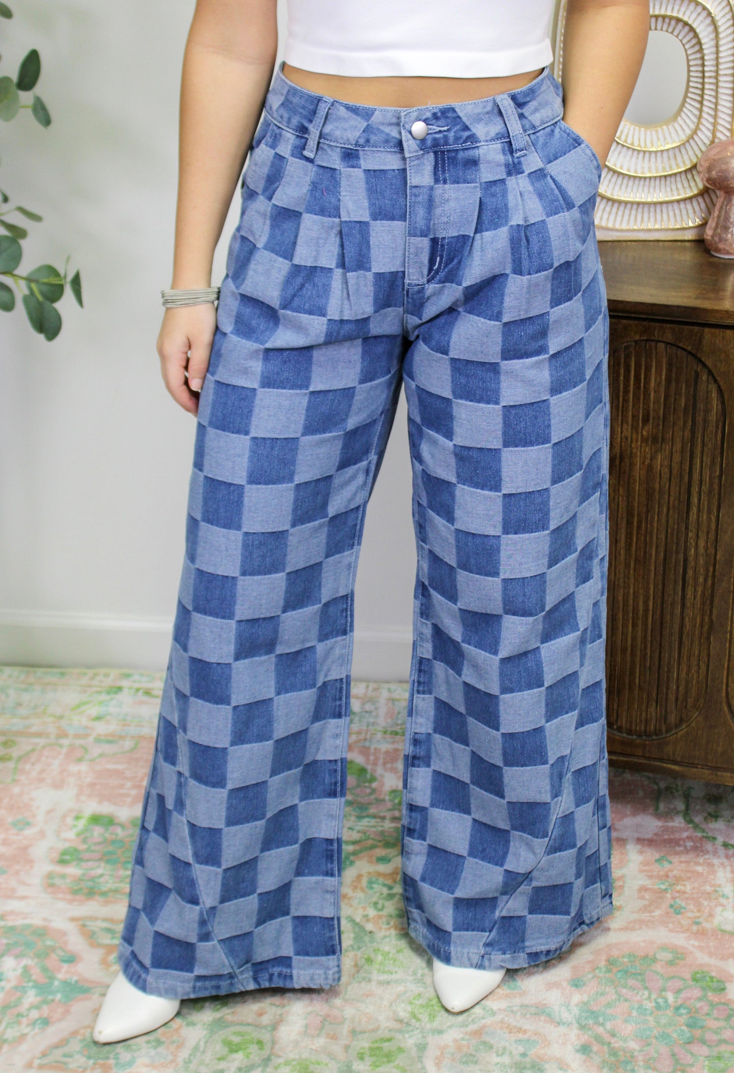 Blue Checkered Denim Pants LT