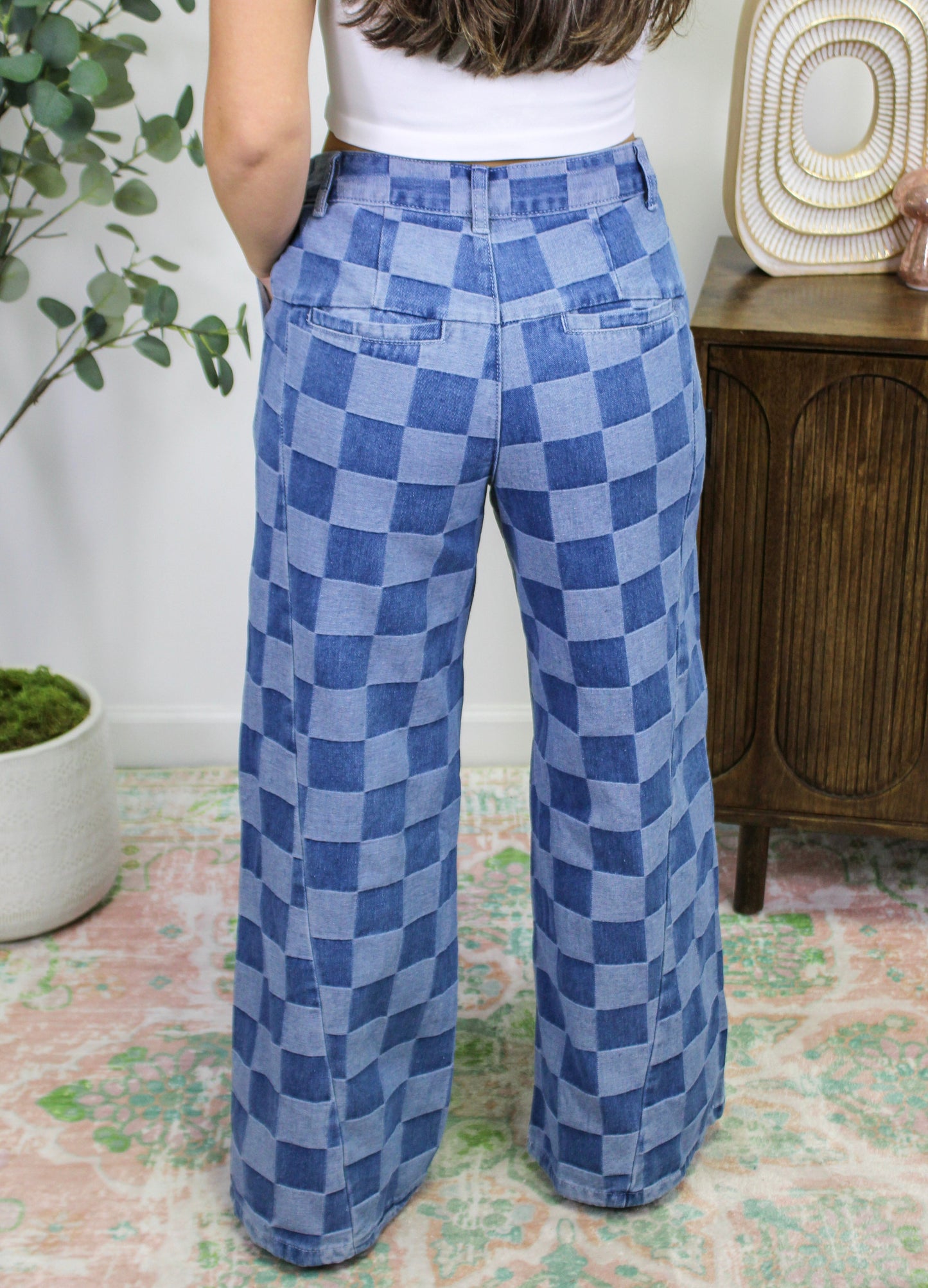 Blue Checkered Denim Pants LT