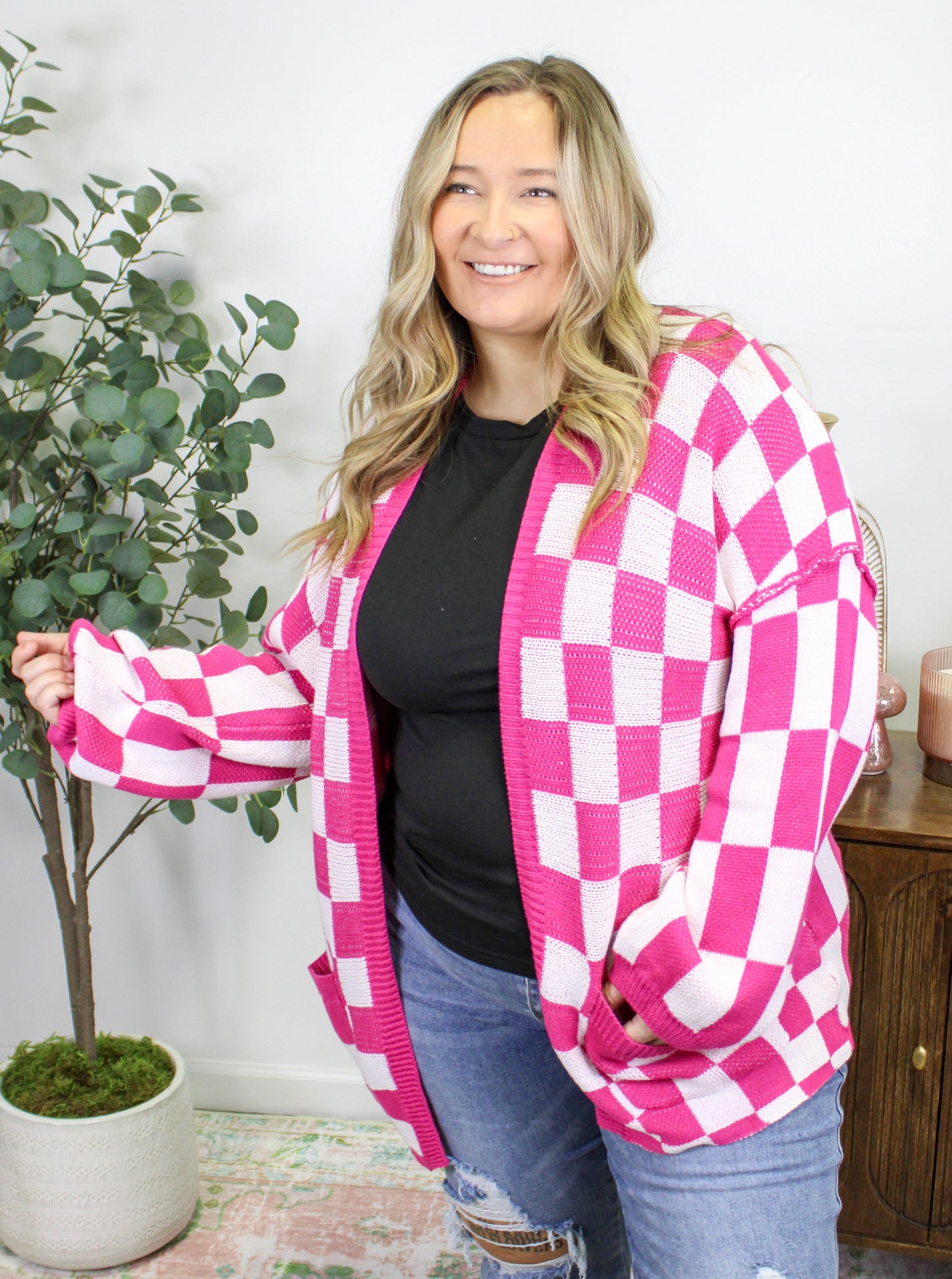 Pink Checkered Plus Size Cardigan November.