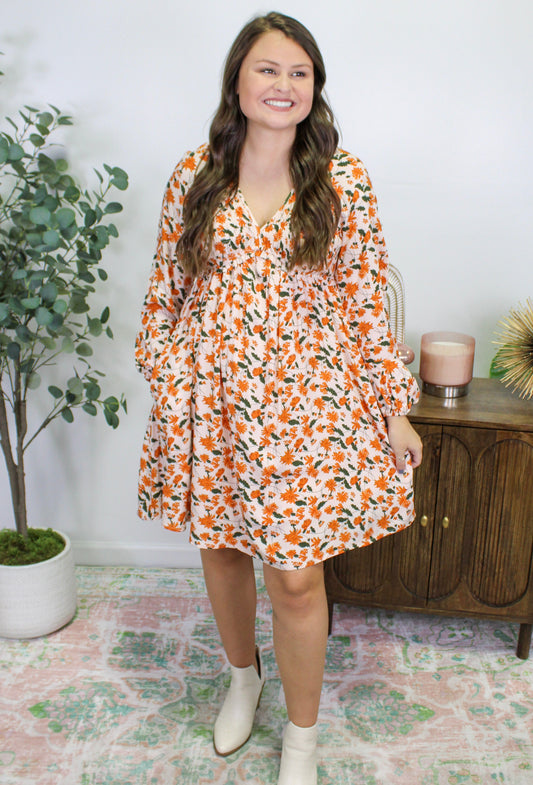 Orange Floral Babydoll Dress LT