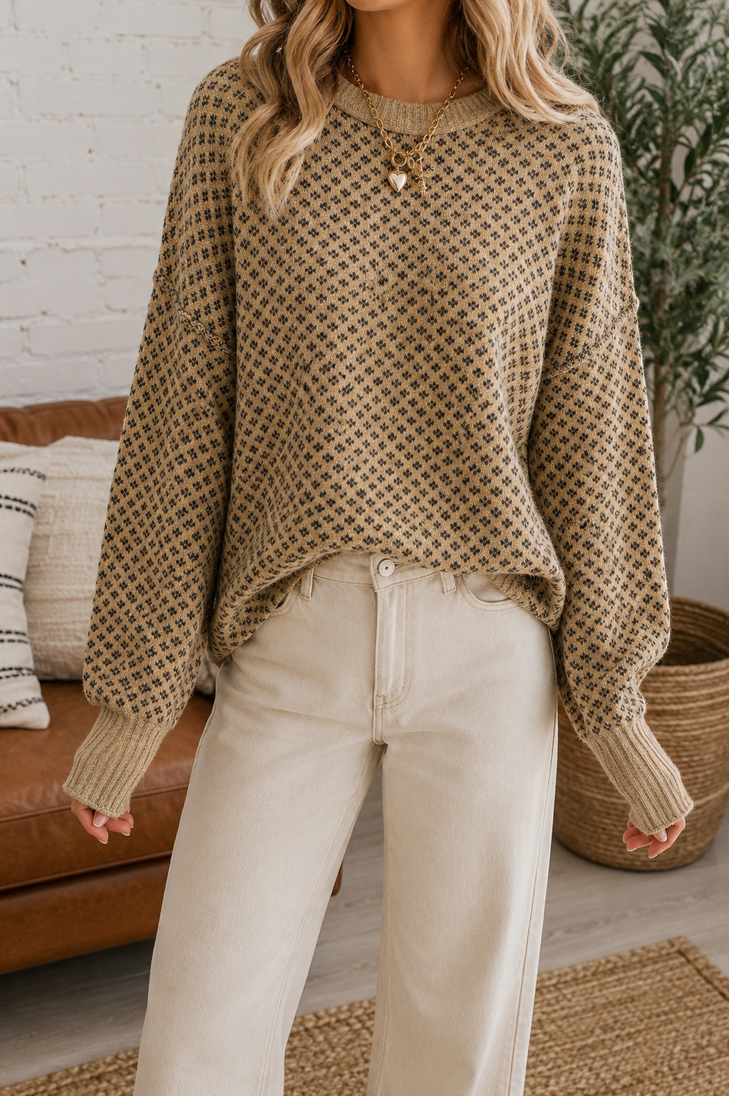 Khaki Geometric Sweater