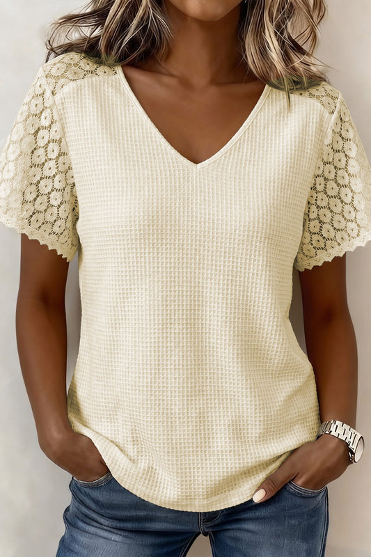 Lace Sleeve Waffle Knit Blouse New RTS