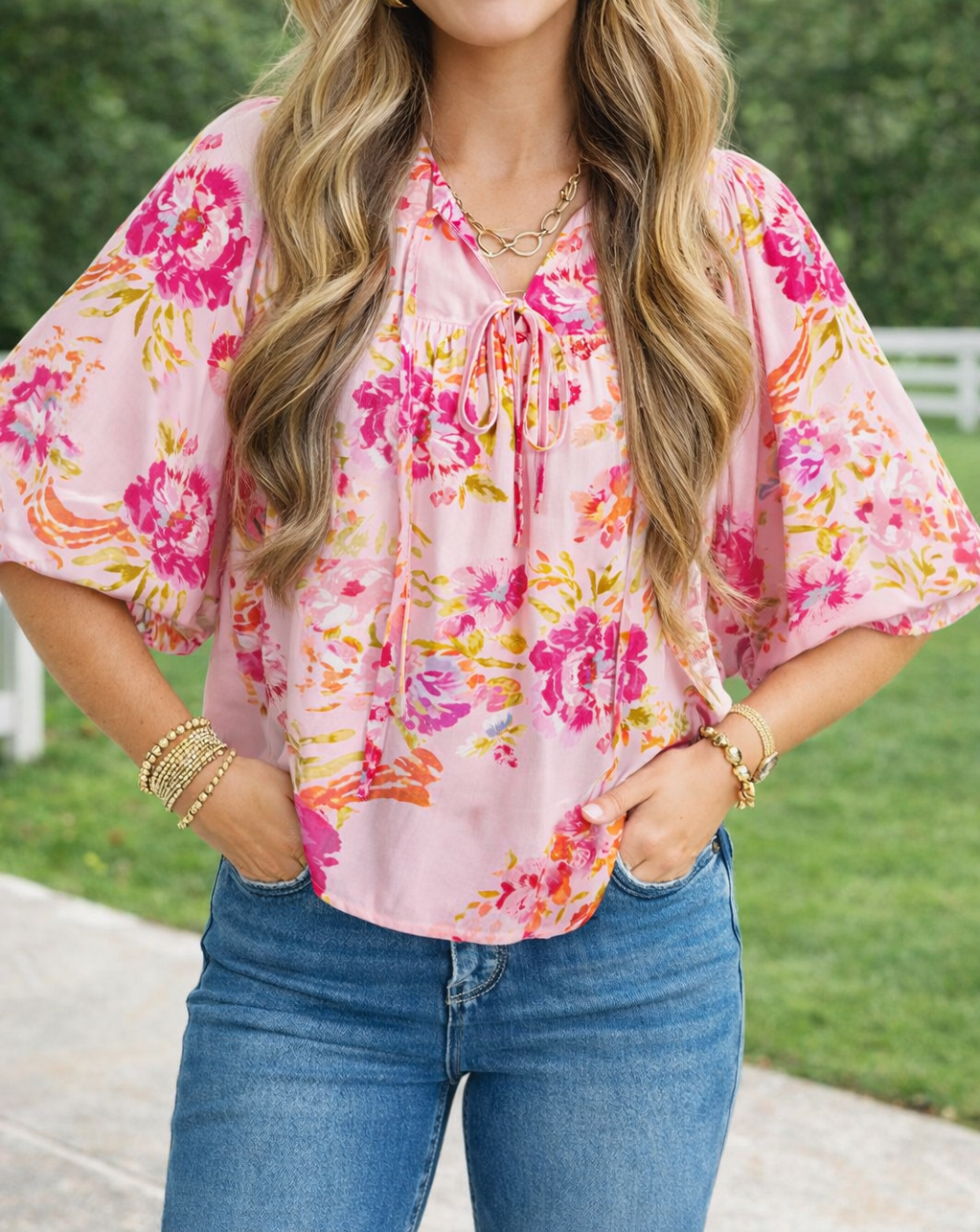 Pink Floral Tie Blouse