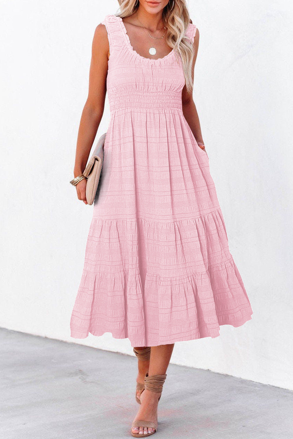 Pink Shirred Midi Dress March.
