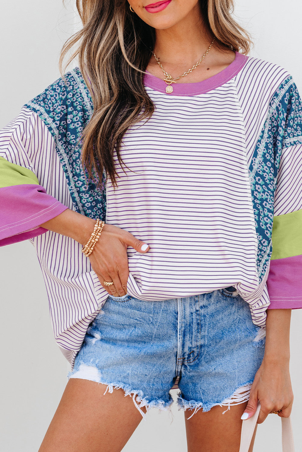Purple Stripe Floral Blouse RTS
