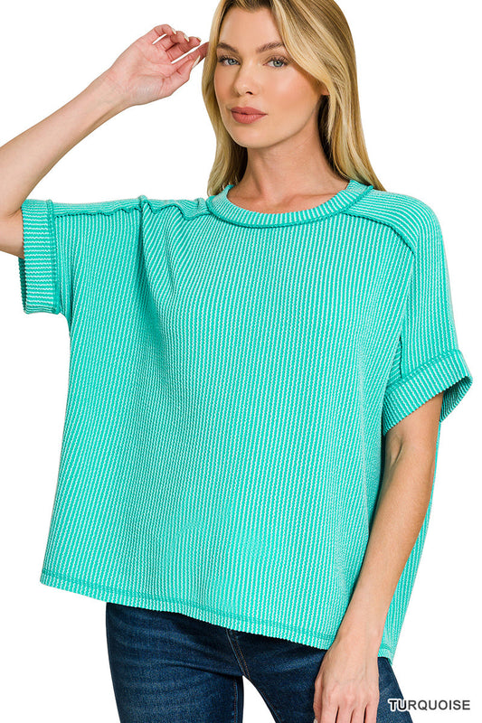 Raised-Rib Cuff Sleeve Top Zenana RTS