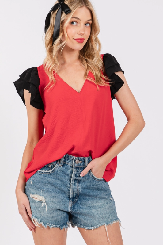 Flutter Sleeve Red and Black Top