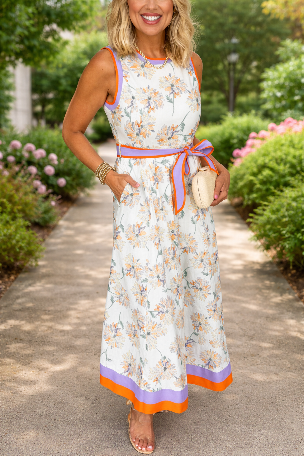 White Floral Belted Maxi Dress